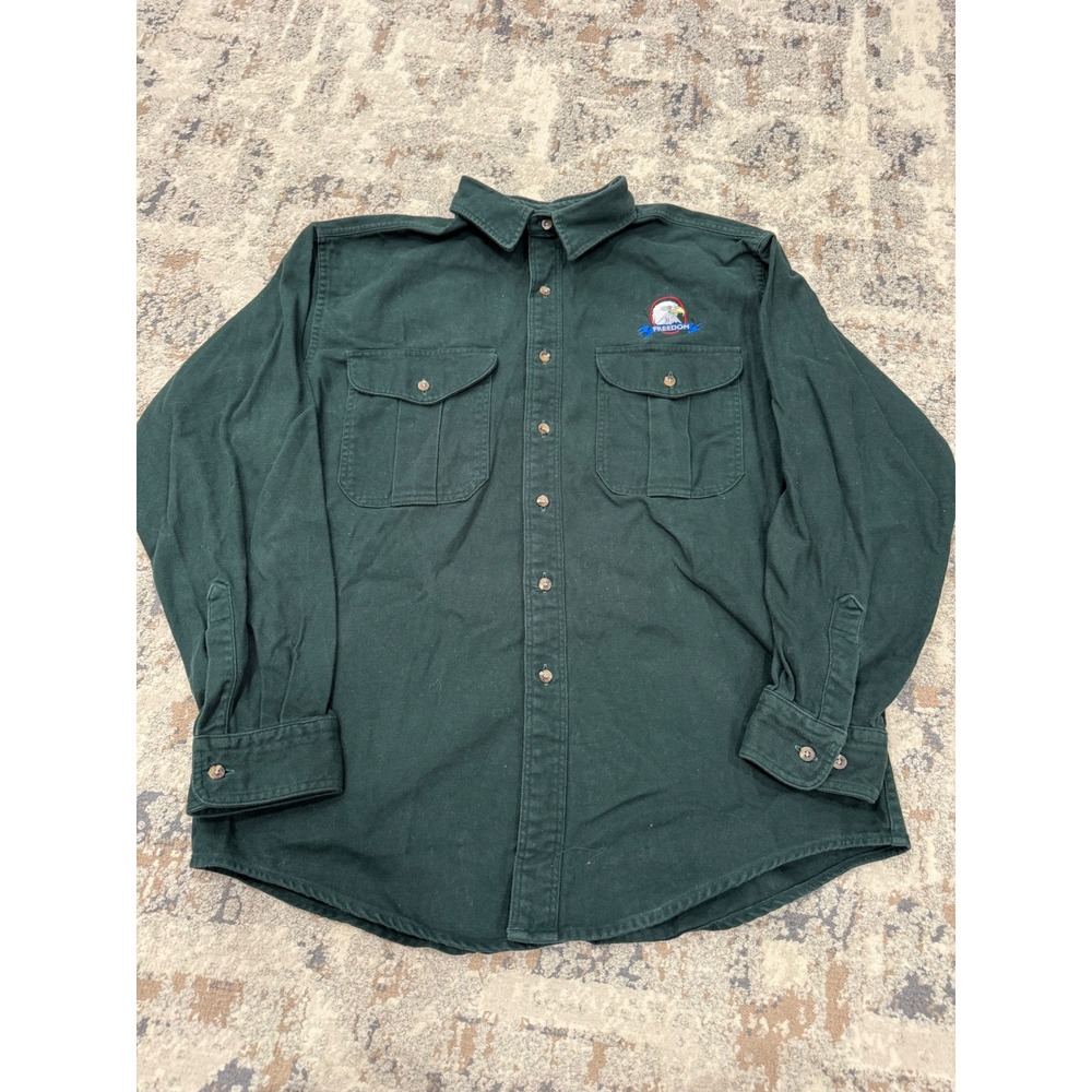 Filson 850 Forest Green Cotton Twill Button Down Shirt Freedom Eagle USA Mens L
